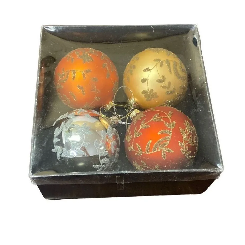 Set of 4 Glitter and Bead Glass Ball Christmas Ornaments